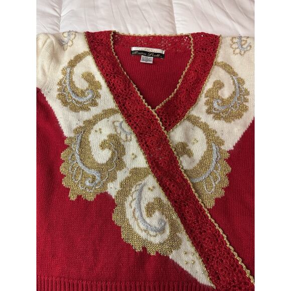 Vintage Large Dana Scott 80s Red White Gold Beaded Sweater Christmas Shiny - Picture 8 of 9